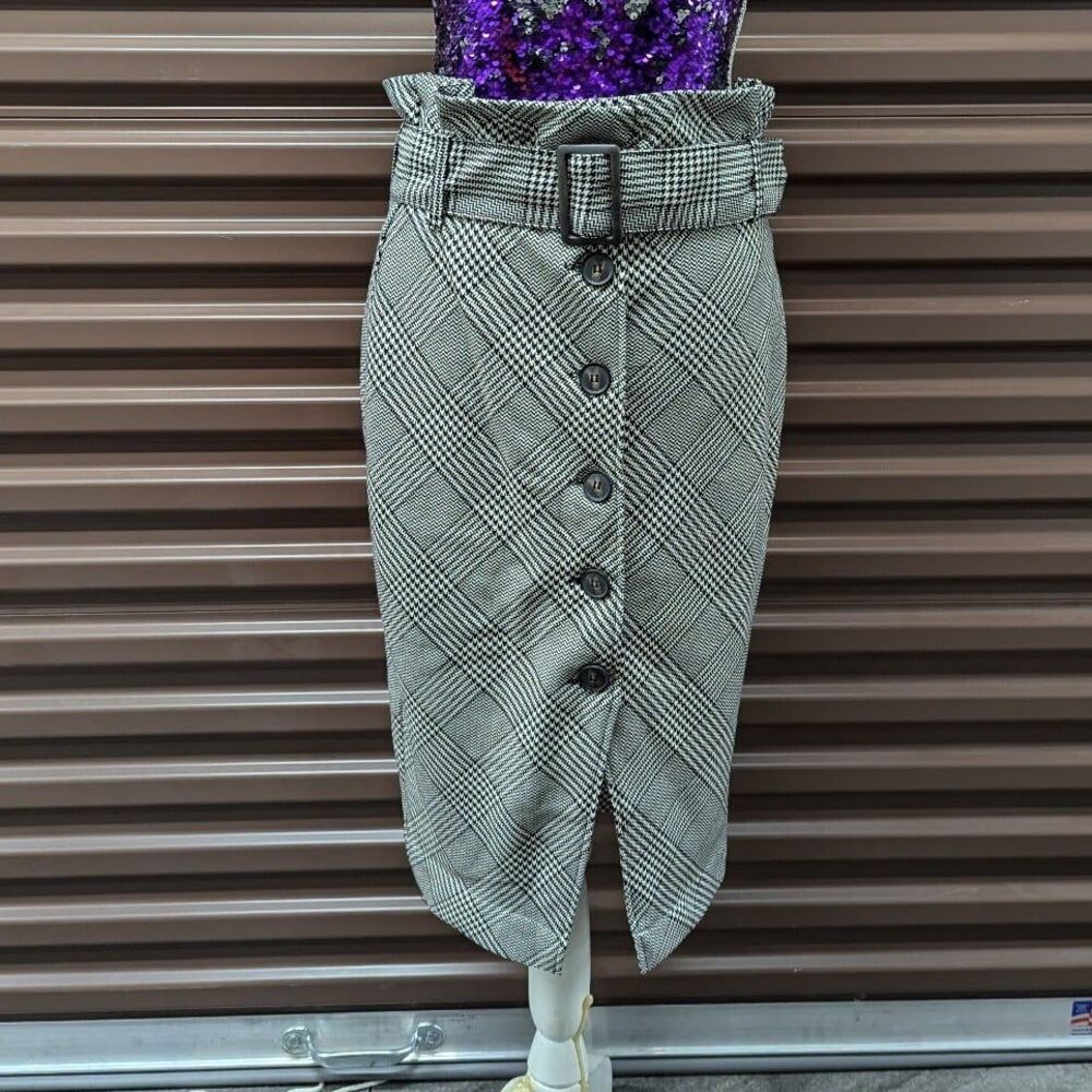 Plaid‎ Academia High Waisted Paper Bag Skirt H&M Size 10 Black & White NWT